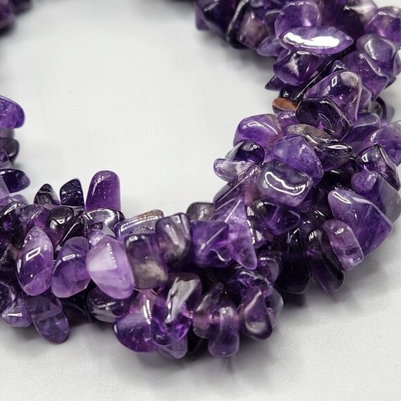 Amethyst Chip Bracelet Pair One Size Stretchy Purple Semi-Precious Stone Chunky - Picture 3 of 8